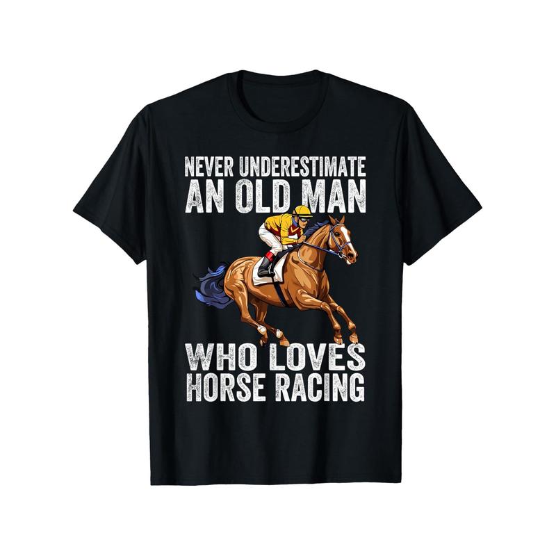 Men's Funny Horse Racing Saying T-Shirt- "Never Underestimate an Old for Who Loves Horse Racing" Text& Jockey Design- Black Casual Sports Tee for