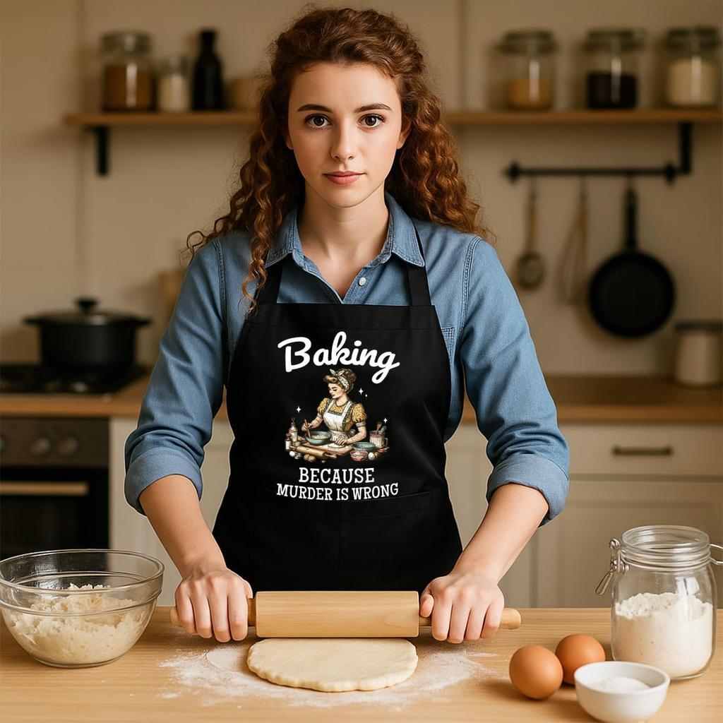 Baking Because Murder is Wrong,Funny Baking Aprons with Pockrts for Women Mom Wife Friends Sister Grandma,Birthday Bake Gifts for Bread Bakers,Cute