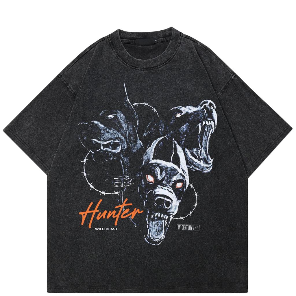 Streetwear Vicious Dog Unisex Cotton Washed Black Tshirt Tops Tees Summer Short Sleeves T Shirt