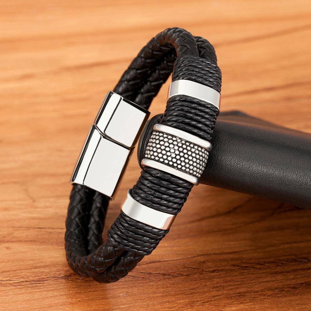 Woven Leather Rope Wrapping Special Style Classic Stainless Steel Men's Leather Bracelet Double-layer Design
