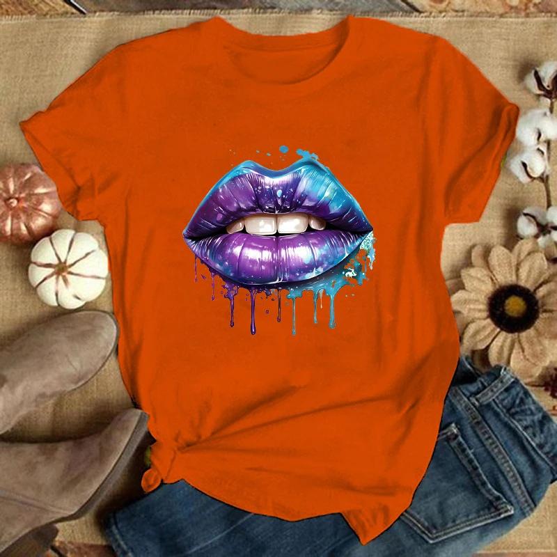 Lips Printed T-Shirts For Women Summer Tee Shirt Femme Casual Short Sleeve Round Neck Tops T-Shirts