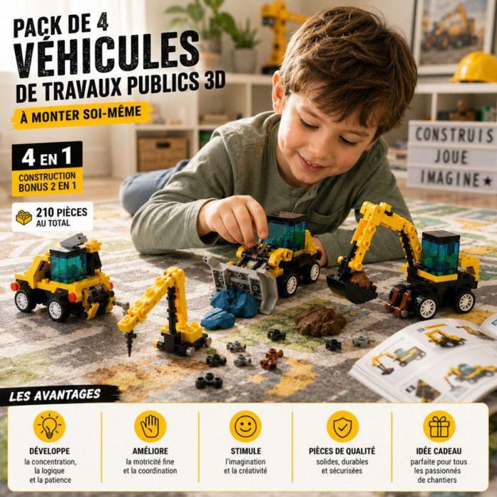 4 Véhicules de Travaux Public en Briques à Monter – 210 Pièces au Total, 4 en 1 Mini Véhicules à Assembler Construire un Camion