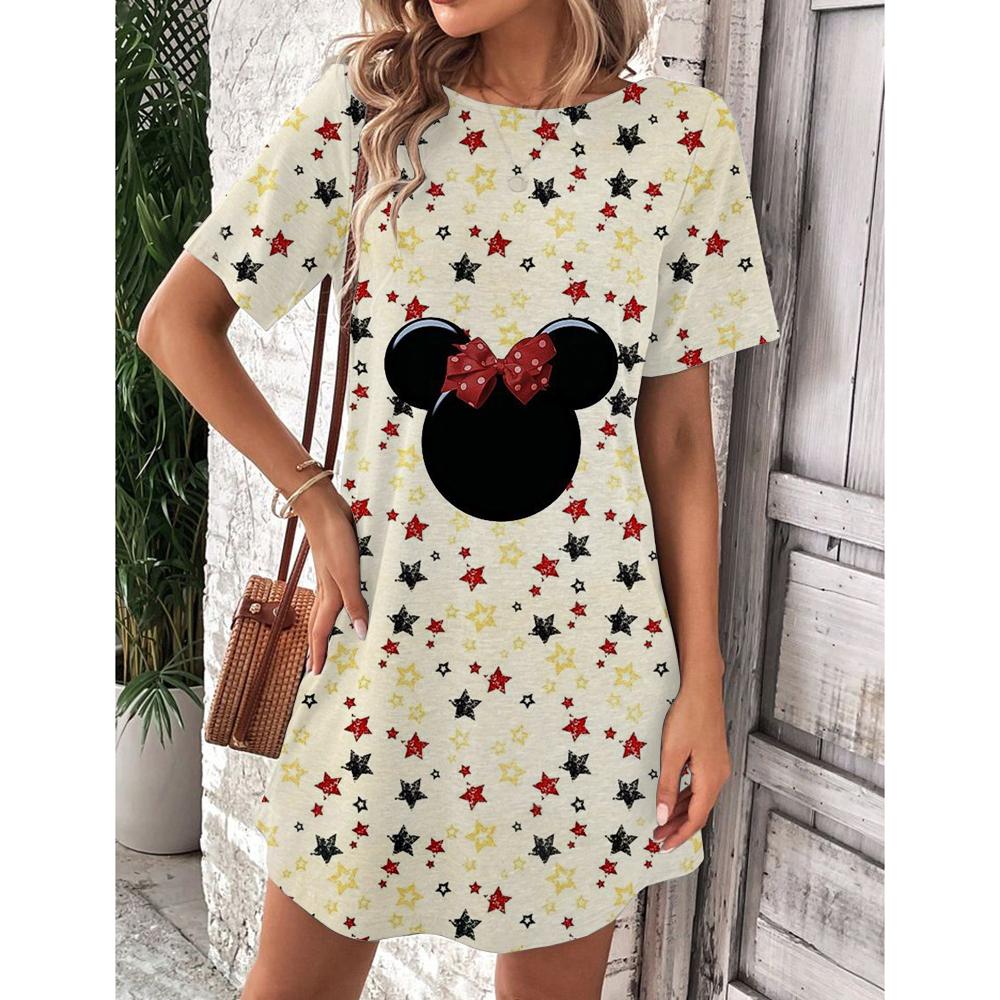 Женское летнее платье Disney Микки Маус Весна Круглый вырез Короткий рукав Свободная талия Платье с оборками