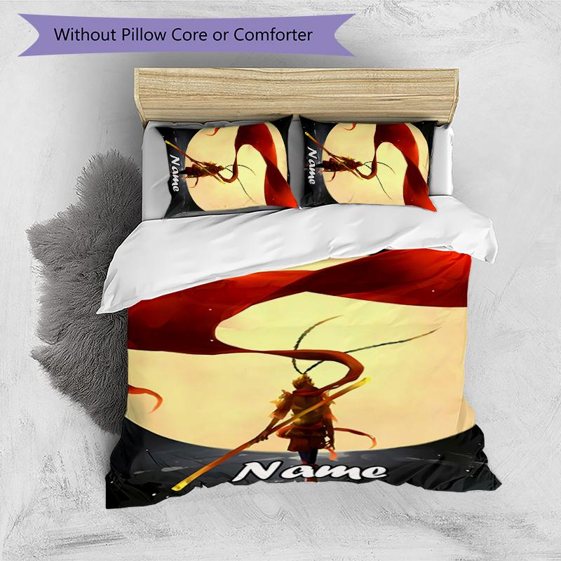 3pcs Custom Name Black Myth Wukong Game Bedding Set Duvet Cover Closure Includes 1 Duvet Cover & 2 Pillowcases for All Seasons Bedroom Decor