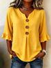 Summer V-neck Button Trim Mid-Sleeve Women's Slimming Fashion Loose Solid Top