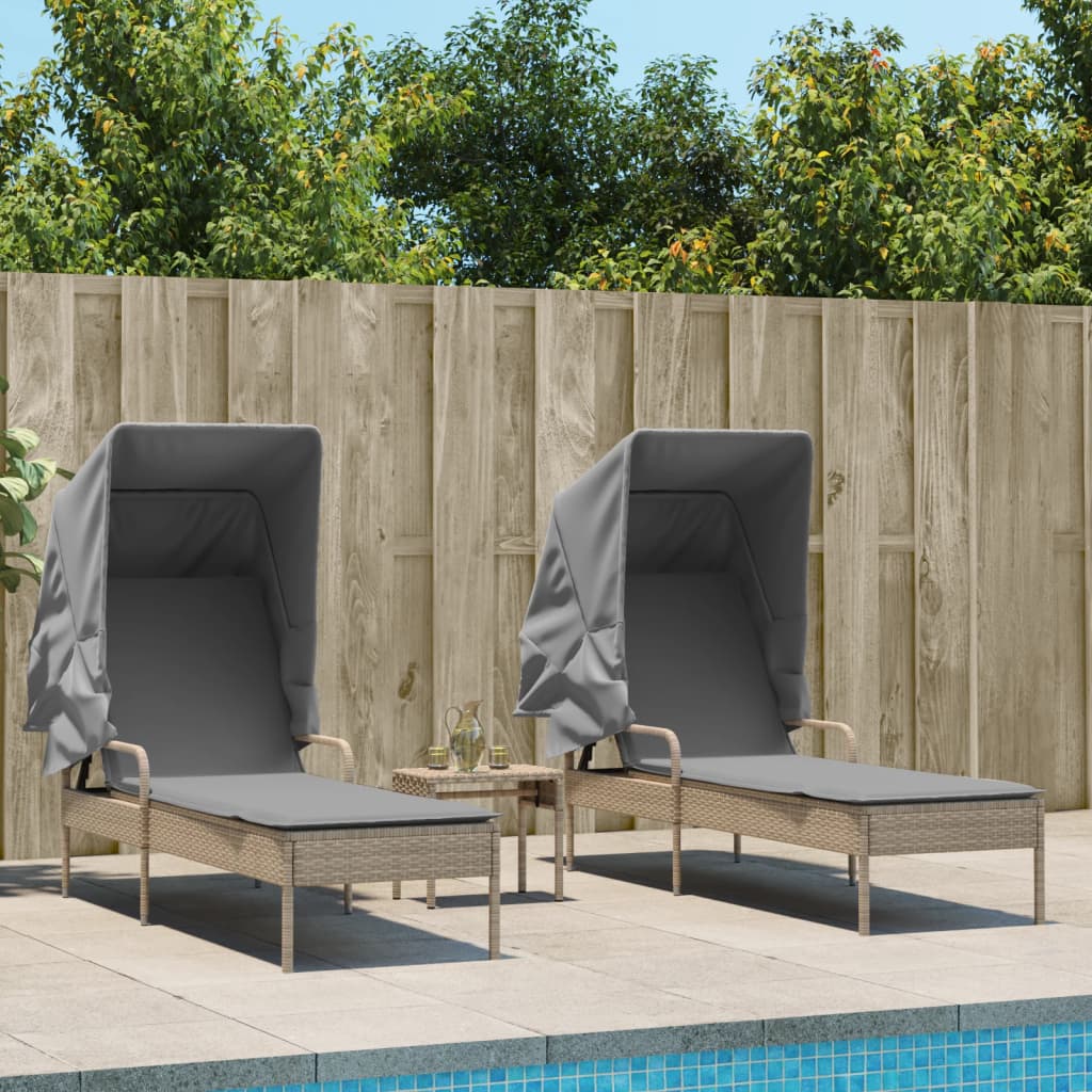 2 Piece Sun Lounger Set with Canopy and Table Beige Poly Rattan