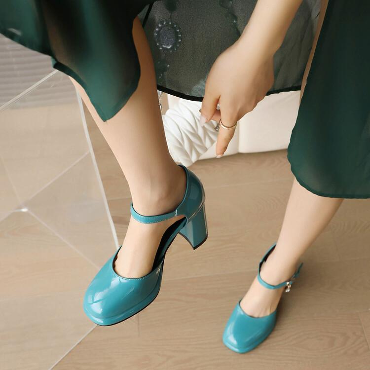 FOREADA Women Pumps Thick Super High Heels Round Toe Mary Janes Crystal Party Sexy Spring Autumn Shoes Red Black Dark Blue