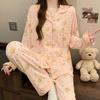 Korean Style Bow Womens Pajama Set Long Sleeve Woven Cotton Loungewear Home Sleep