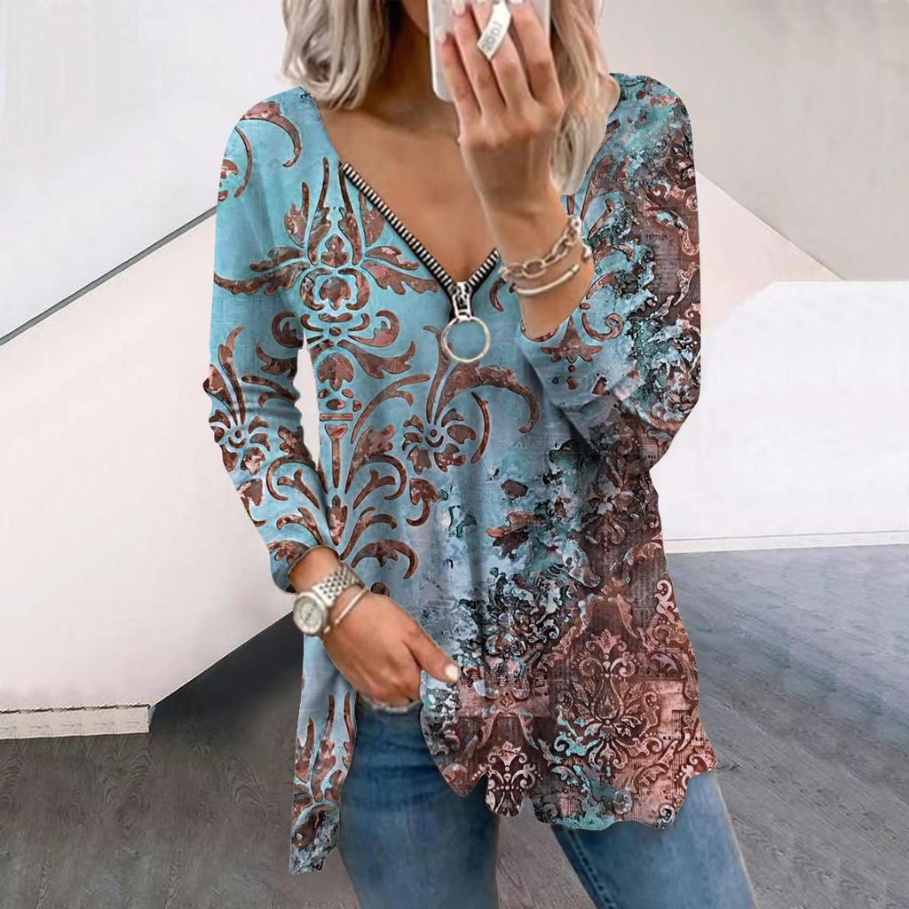 Женские осенние креативные ретро-футболки с длинным рукавом и принтом, свободные футболки с V-образным вырезом больших размеров, удобные блузки