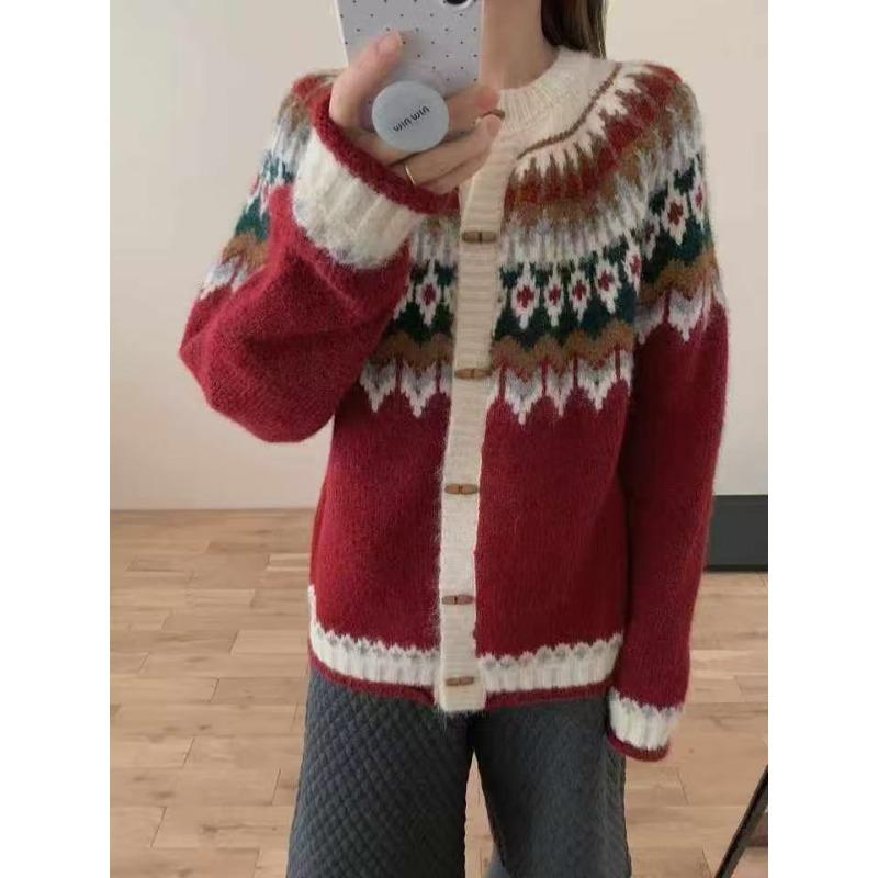 Жакет-свитер Fair Isle, женская одежда, осень и зима, новый свободный, с круглым вырезом, в стиле ретро, жаккардовый, на вязаной кардигане с пуговицами из рога