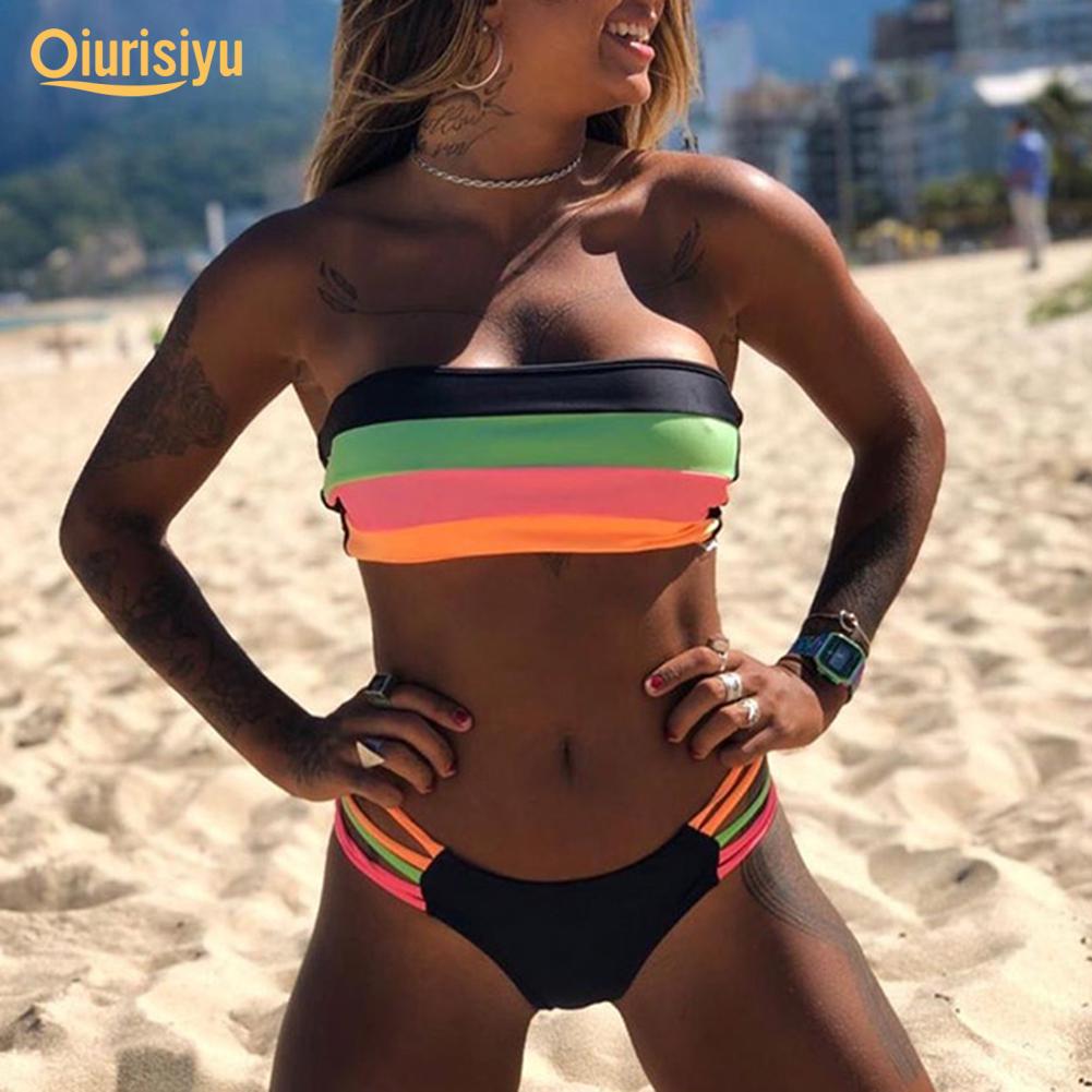 Женский комплект бикини без бретелек с мягкой подкладкой и полосками в стиле пэчворк