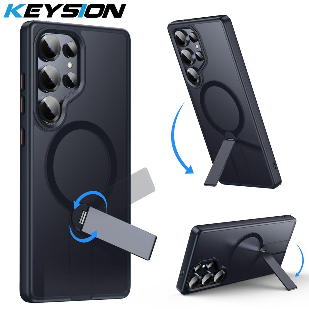 KEYSION 360 Скрытая Металлическая Подставка Магнитный Чехол для Magsafe для Samsung Galaxy S24 S25 Ultra S24+ S25+ Матовый Ударопрочный Чехол для Телефона