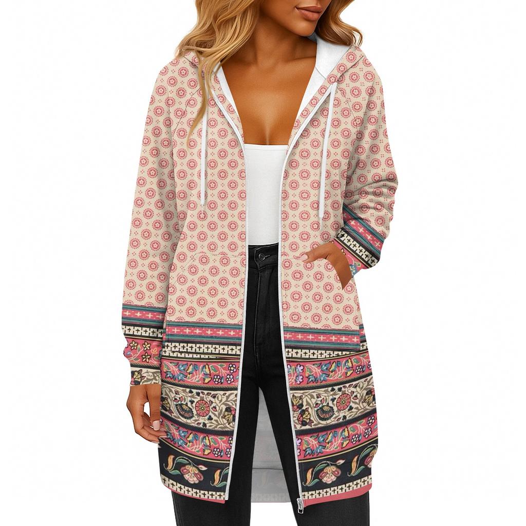 Women's Fashionable Printed Long Sleeved Drawstring Hooded Zipper Pocket Long Casual Sweatshirt Jacket