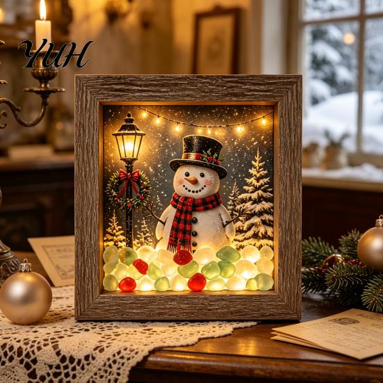 Christmas Desktop Night Light Sea Glass Shadow Box Light, 3D Winter Snow Scene Wooden Cozy Atmosphere Lamp Art Frame with LED Warm Glow, Landscape