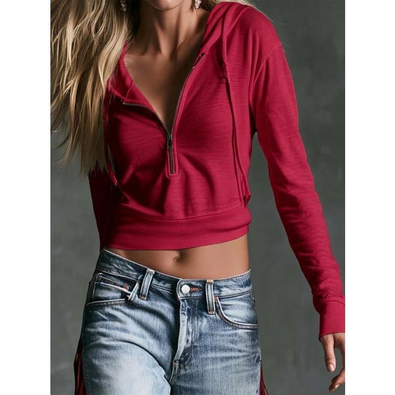 Women S Hooded Long Sleeve V Neck Zip Cropped Sweatshirt