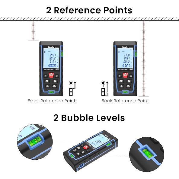 Laser Measure, Bauihr 165ft Laser Distance Meter, Portable Laser Measurement Tool with 2 Bubble Levels, Large Backlit LCD Display, Allowing