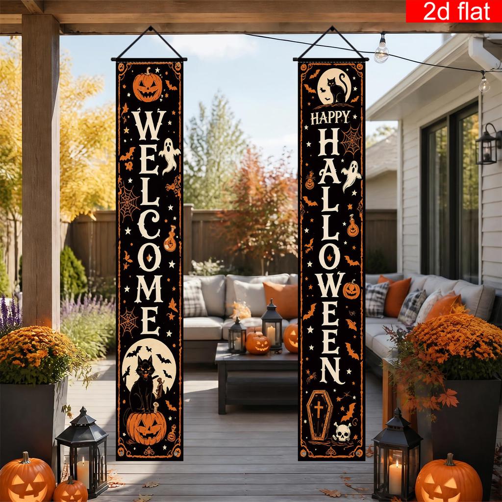 Halloween Porch Sign Cat Pumpkin Ghost Bat Spider 1 Pair Polyester Indoor Outdoor Decor