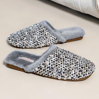 Модные роскошные домашние тапочки с твидовым дизайном и пайетками, женские модные тапочки на плоской подошве с круглым носком, уютные пушистые зимние хлопковые тапочки, Zapatos De Mujer