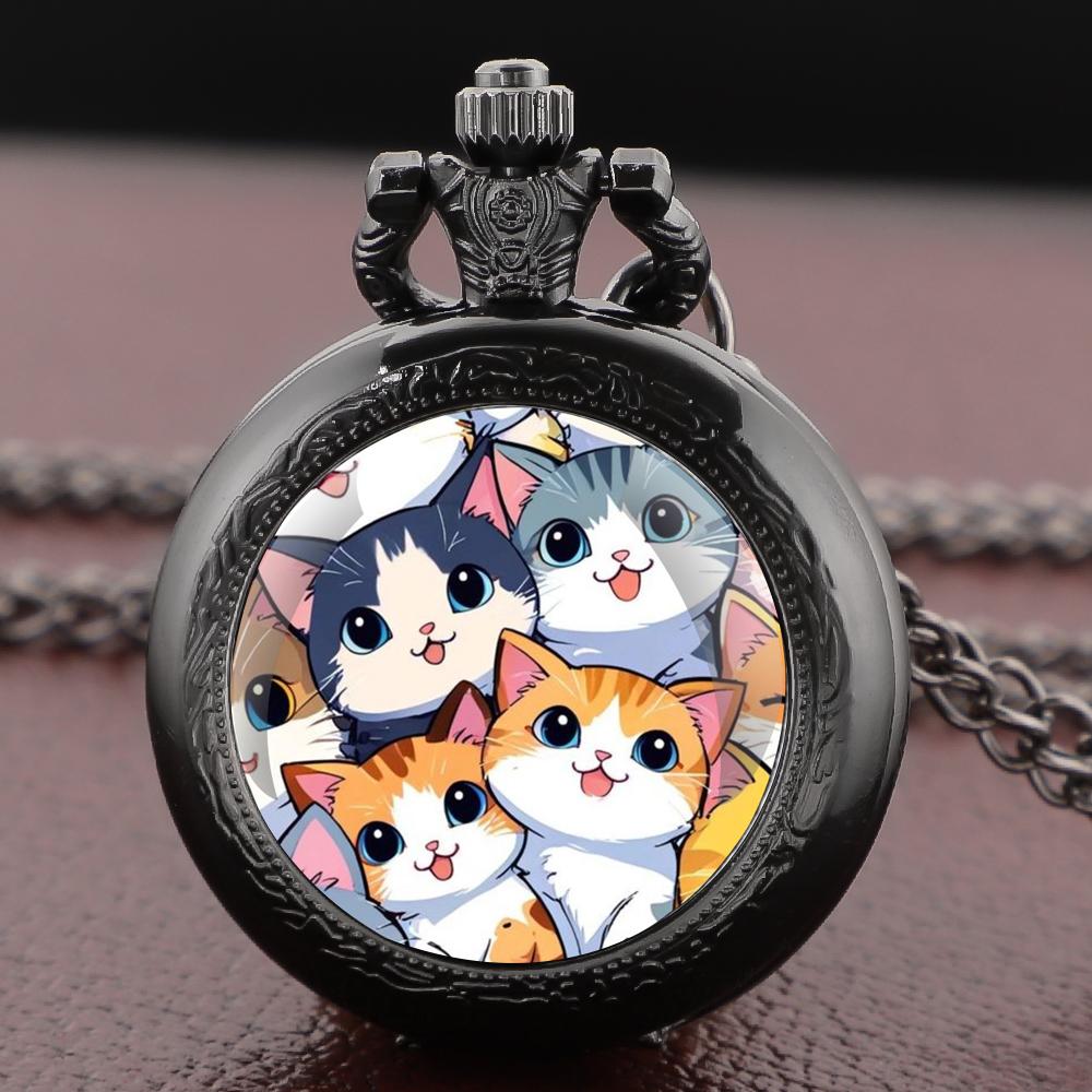 Cute Cats Themed Vintage Pocket Watch - Arabic Dial Necklace Pendant Clock Halloween Gift for Men Women reloj de bolsillo
