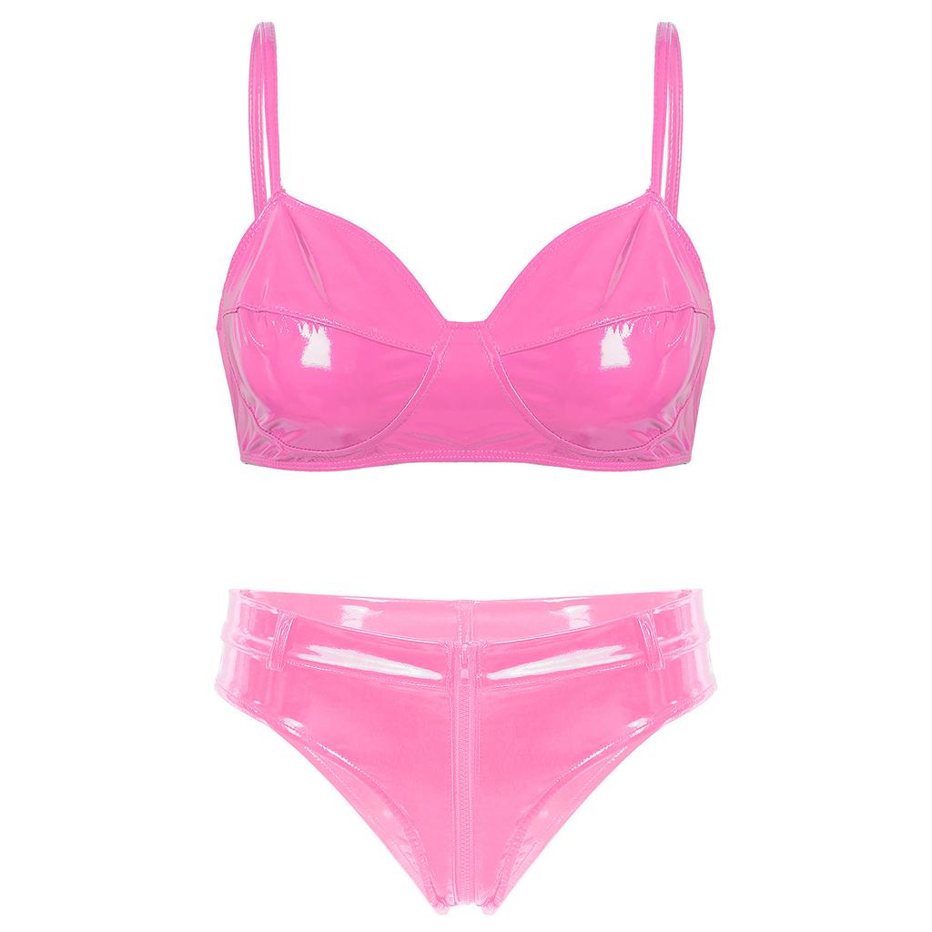 Women Patent Leather Lingerie Set Wet Look Bra Top Wire Free No Padding Zipper Crotch Low Rise Briefs