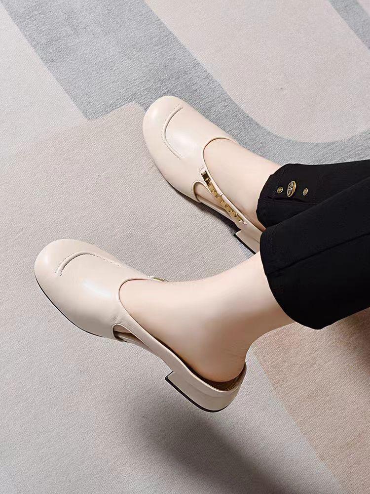 Мягкая кожаная сумка голова полутапочки женские 2025 лето новые 3 см толстый каблук нескользящие универсальные модные с круглым носком средний каблук тапочки