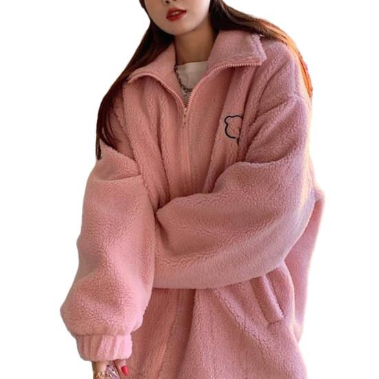 Женская зимняя куртка из искусственной овечьей шерсти с воротником-стойкой и карманами с длинными рукавами на молнии, толстовка, пальто, утолщенная плюшевая верхняя одежда с рисунком медведя из мультфильма