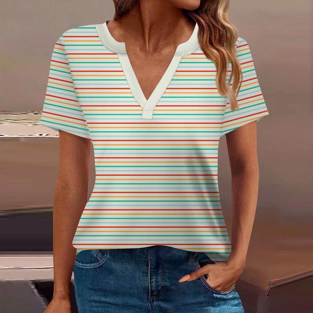 Женская футболка Футболка с принтом с коротким рукавом Повседневные выходные Мода Базовый топ с V-образным вырезом Обычный топ