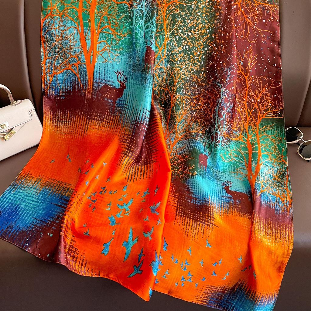 New Lijin Forging Silk Scarf Red Moonflower Printing Shawl Spring and Autumn Female Simulation Silk Scarf Versatile