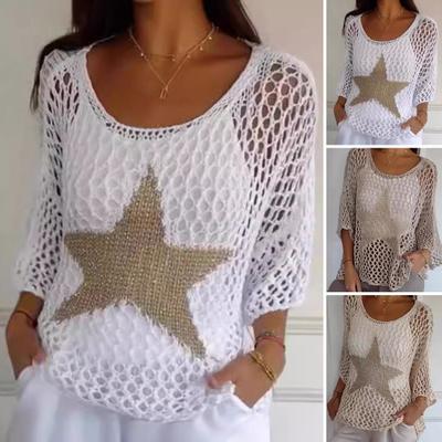 Женский вязаный крючком сетчатый топ с ажурным принтом в виде звезд, свитер с круглым вырезом и длинными рукавами, пуловер