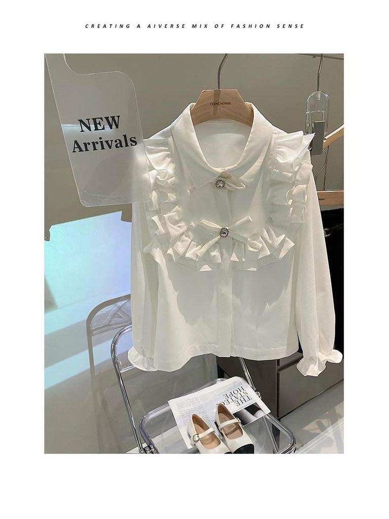 Белая кружевная блузка с длинными рукавами и бантом в стиле Лолита для девочек: Корейский стиль, Универсальный, Милый для весны и осени