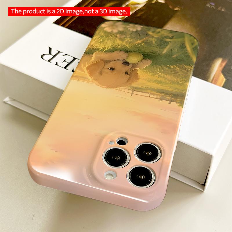 2DFlat Golden Puppy Chewing Ball in Sunset Field All inclusive film hard iPhone case, compatible with iPhone 18 Pro Max 17 16 15 14 13 12 11