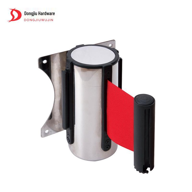 Wall-Mounted Stainless Steel Retractable Queue Barrier with Railing and Warning Tape