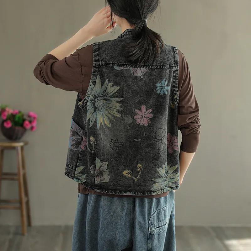 Ladies Spring and Summer Short Printed Denim Vest Loose Sleeveless Thin Jacket