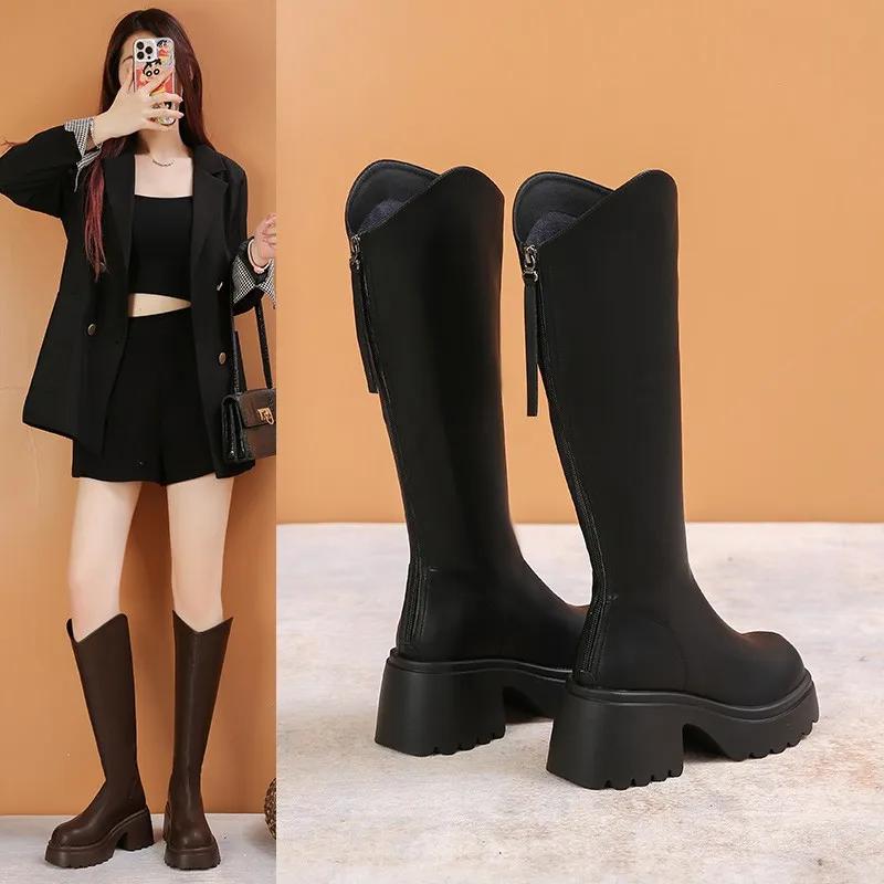 Новые женские сапоги с молнией сзади на толстой подошве на каблуке, простые осенне-зимние сапоги длиной до колена