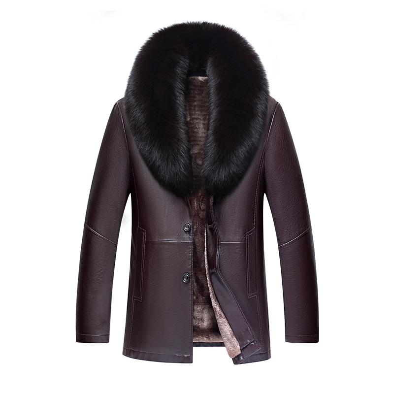 Мужская меховая шуба средней длины из натуральной овчины, воротник из лисьего меха, мужская цельная меховая шуба, кожаная куртка