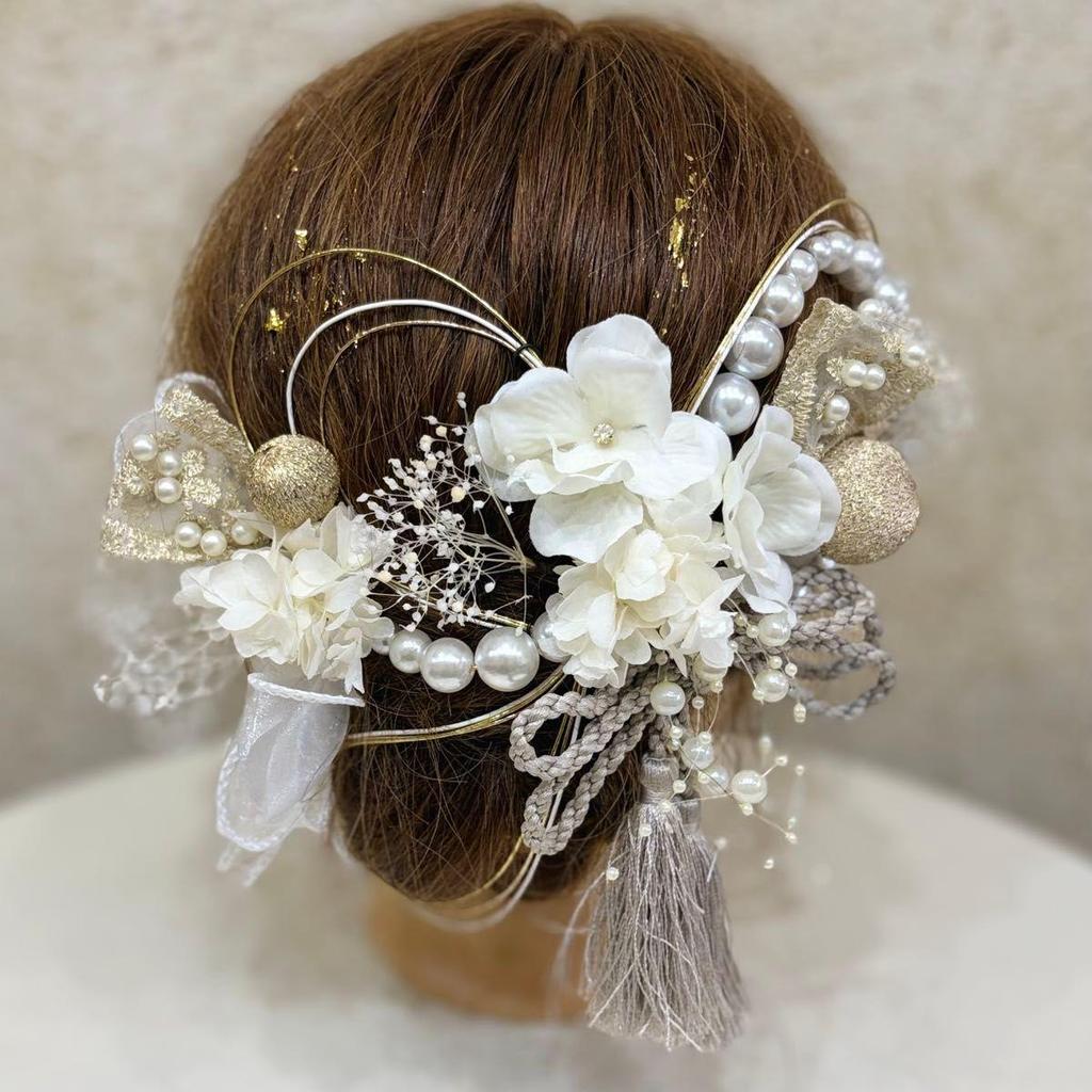 Used Coming-of-age ceremony hair ornament, white pearl silver tassel, Japanese ball, gold leaf, Mizuhiki
