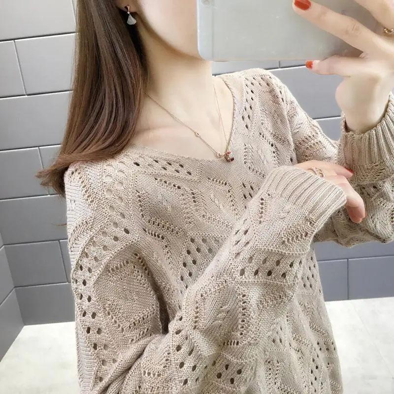 Hollow Knitted Sweater Women's Pullover Spring and Autumn V-neck Blouse Loose Outer Sweater Bottoming Shirt
