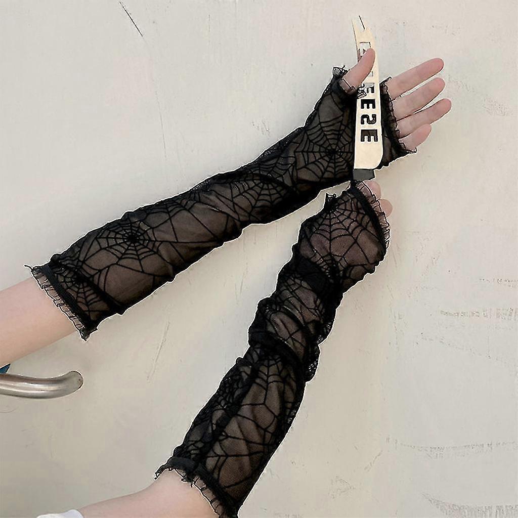 Elbow Length Mesh Lace Long Gloves Sheer Spider Web Gloves Halloween Gloves