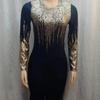 Elegant Long Dresses with Long Sleeves and Gradient Sequins Plus Size Evening Dresses Slim Fit Round Neck Mermaid with Gold Stamped