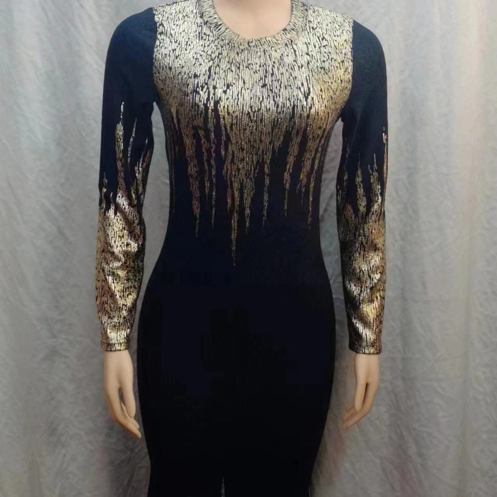 Elegant Long Dresses with Long Sleeves and Gradient Sequins Plus Size Evening Dresses Slim Fit Round Neck Mermaid with Gold Stamped