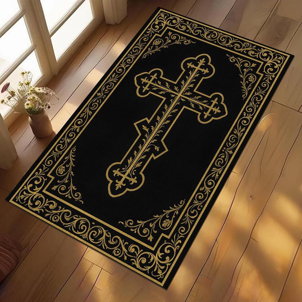 Black and Gold Ornate Cross Print Area Rug Christian Religious Floral Border Floor Mat for Church Home Decor