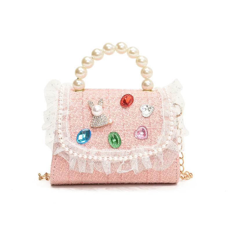 Chic And Fashionable Kids Handbag Featuring Cute Lace And Rhinestones For Girls