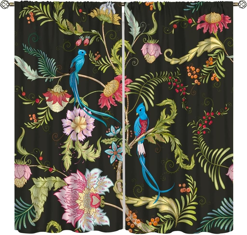 Watercolor Floral Bird Curtains - Modern White Wooden Board Hummingbird Floral Pattern - Living Room & Bedroom - Noise Reducing