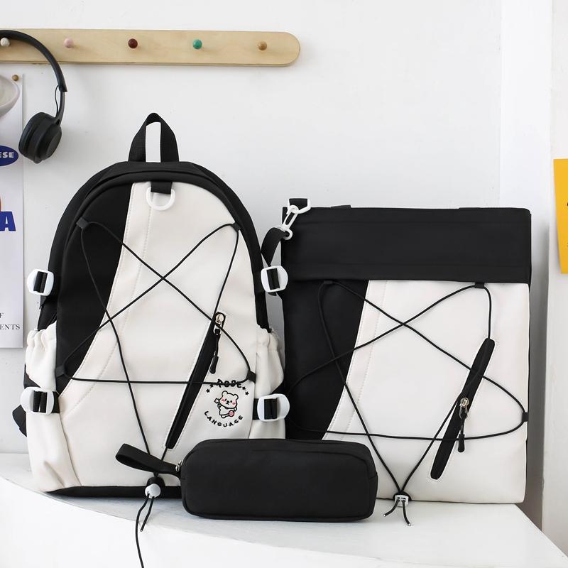 Three-Piece Backpack Set for Primary and Middle School Students Schoolbag Color Block Cartoon Backpack for Women Large Capacity Backpack