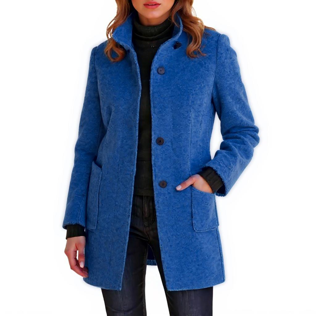 Ladies' Casual And Fashionable Solid Color Button Up Collar Woolen Coat