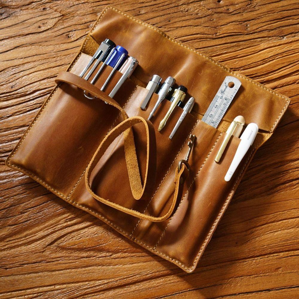Genuine Leather Foldable Leathe Pencil Bag Pens Bag Nature Cowhide Pen Protection Bag School