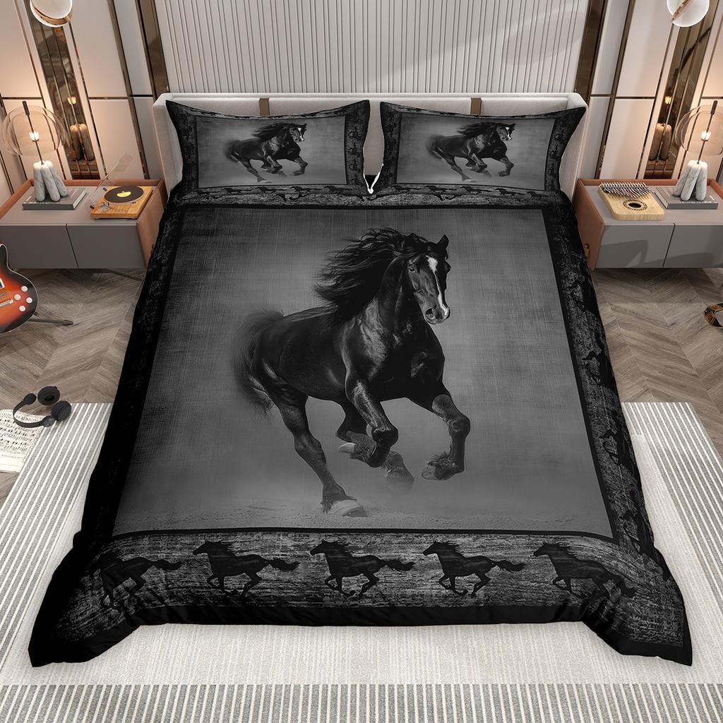 Homewish Galloping Horse Duvet Cover Set 2pcs/3pcs, Farmhouse Animal Bedding Set, Rustic Lodge Cabin Comforter Cover Set