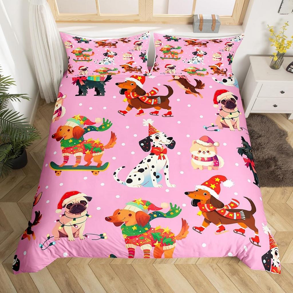 Puppy Dog Duvet Cover Full Queen Size Kawaii Pug Comforter Cover Love Heart Print Bedspread Cover Cute Pet Black Bedding Set