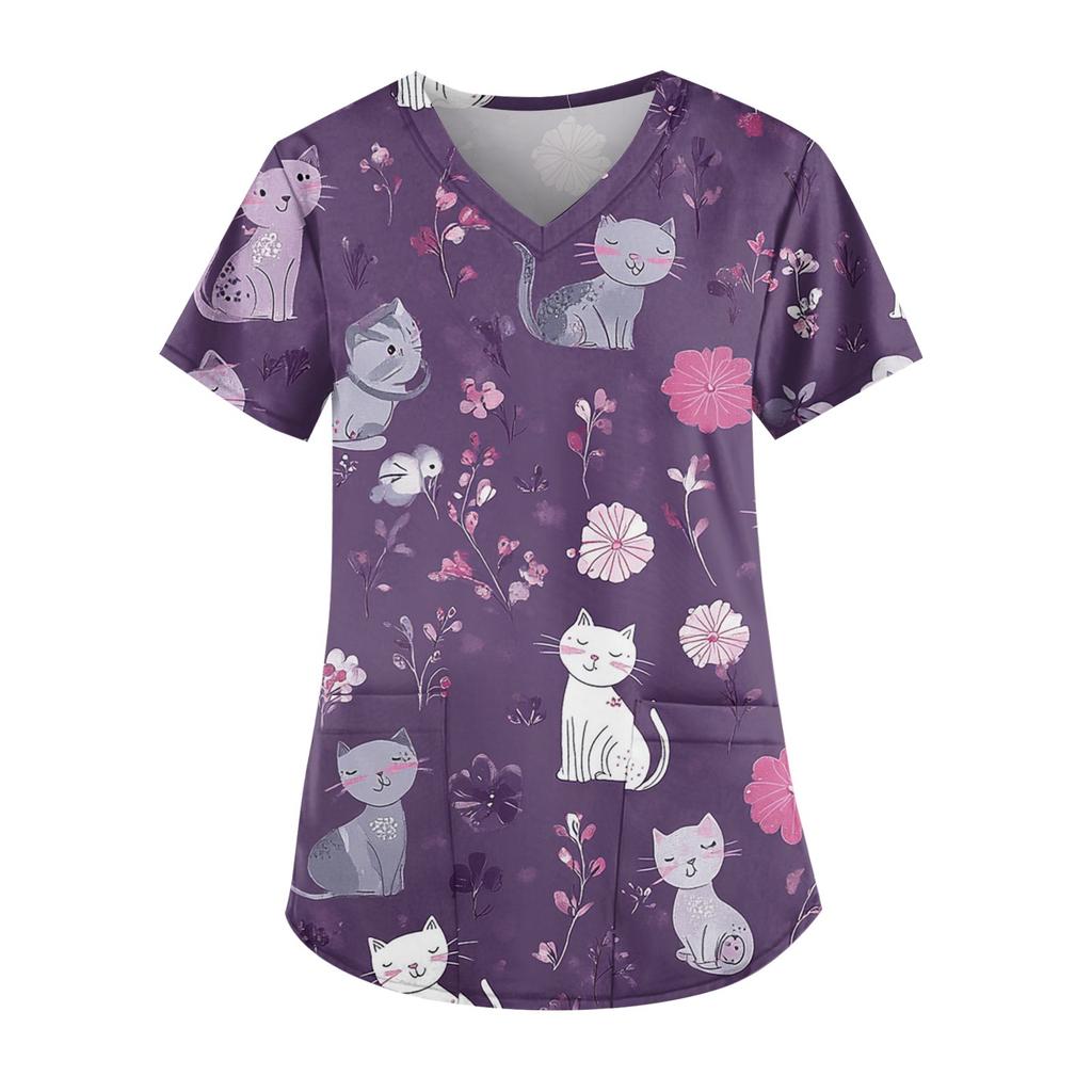 Рабочая форма больших размеров с принтом, топы для женщин, забавные футболки с v-образным вырезом и короткими рукавами, рабочая одежда, футболка с карманами