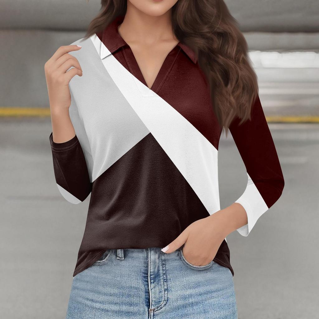 Женская мода повседневная весенняя футболка с V-образным вырезом и лацканами, длинный рукав